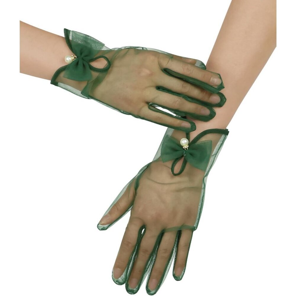 Women's Green Bow Tulle Pearls Mesh Tea Short Gloves Party Prom Accessories